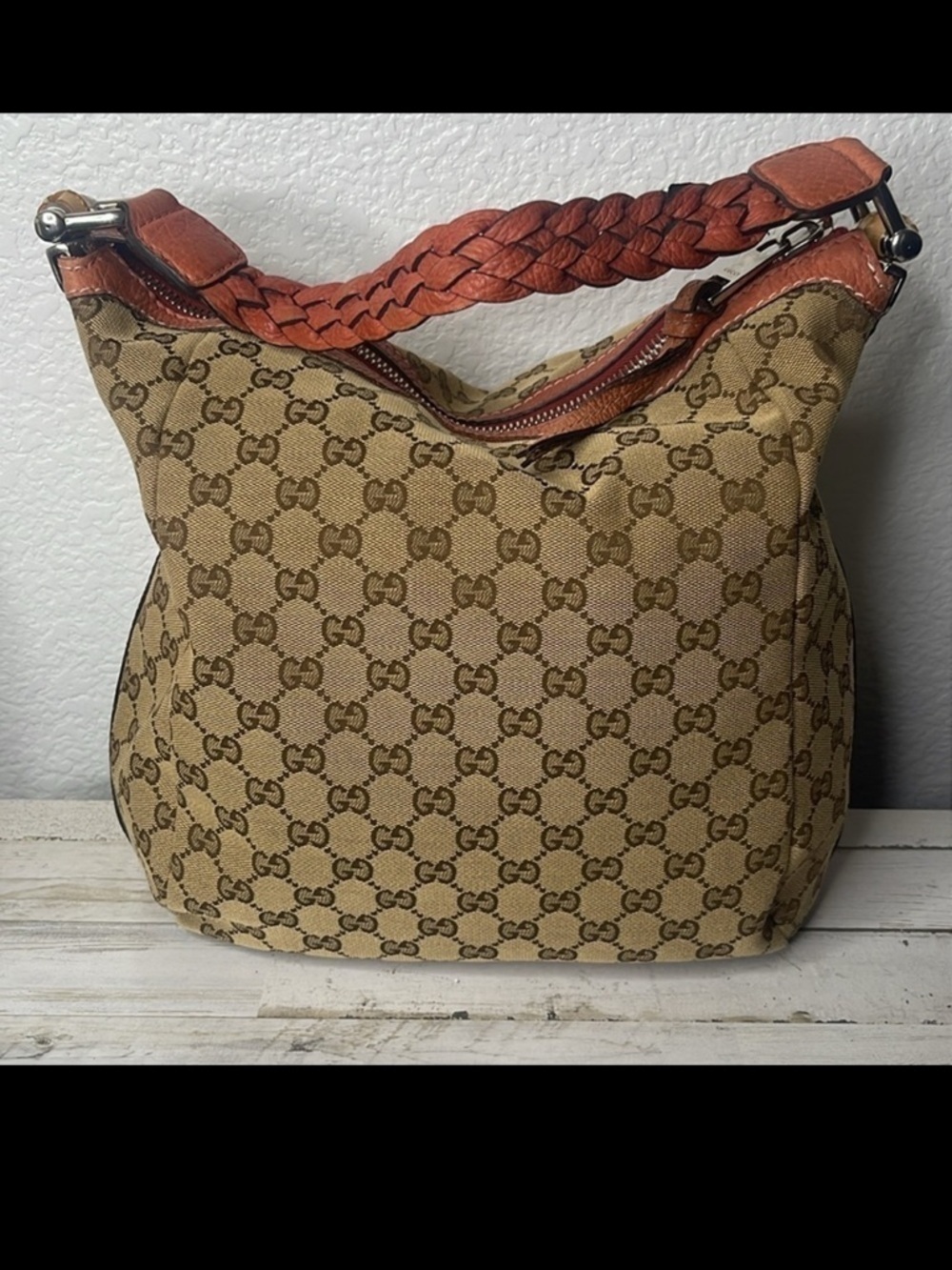Gucci GG Canvas Bamboo Bar Hobo Bag Braided Strap Vintage